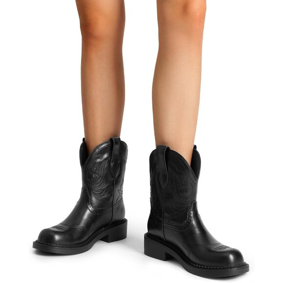 Women's Cowgirl Boots Round Toe Embroidered Mid Calf Western Boots Concert Black - Picture 7 of 7